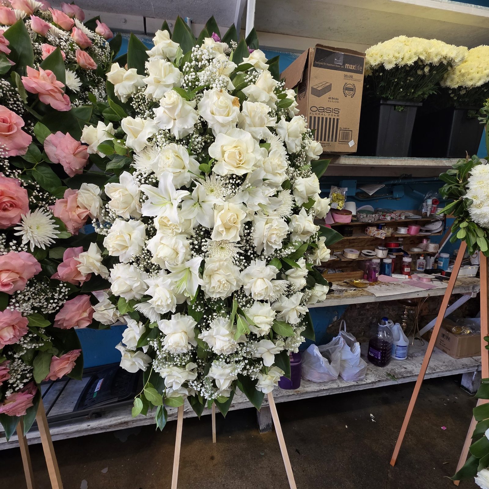 White standing spray with lilies